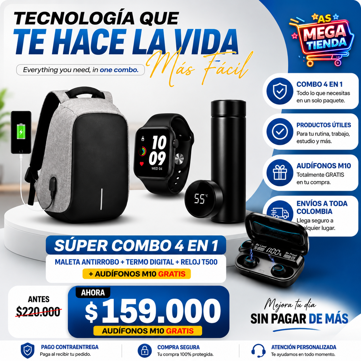 🎒⌚💧 ¡Súper Combo: Mochila + Reloj + Botella y llévate unos audífonos Bluetooth GRATIS!