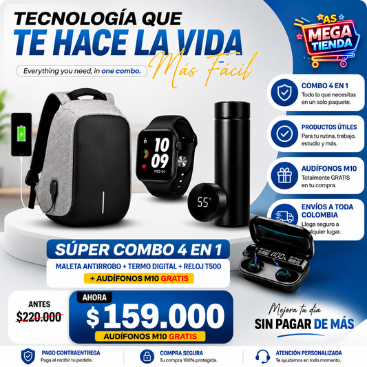 🎒⌚💧 ¡Súper Combo: Mochila + Reloj + Botella y llévate unos audífonos Bluetooth GRATIS!