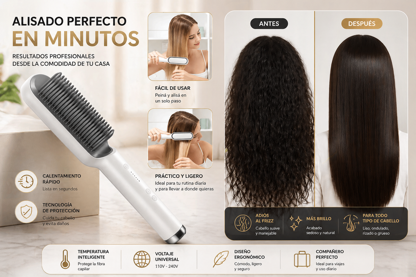 Cepillo Alisador 3 en 1 Premium | Cabello liso, brillante y perfecto