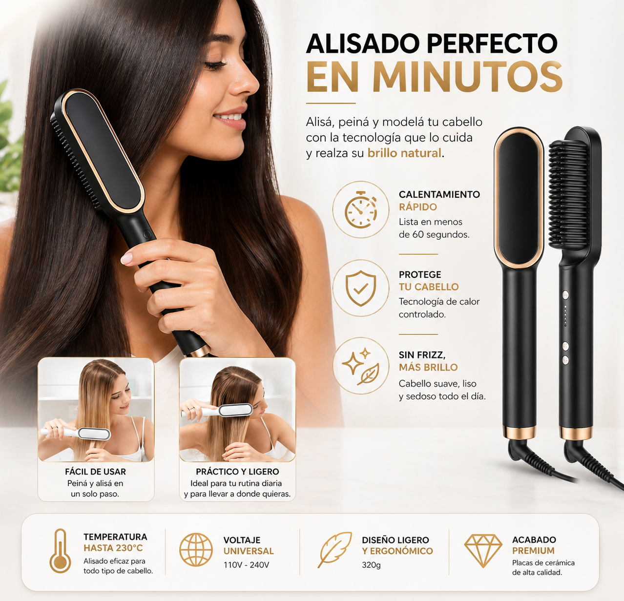 Cepillo Alisador 3 en 1 Premium | Cabello liso, brillante y perfecto